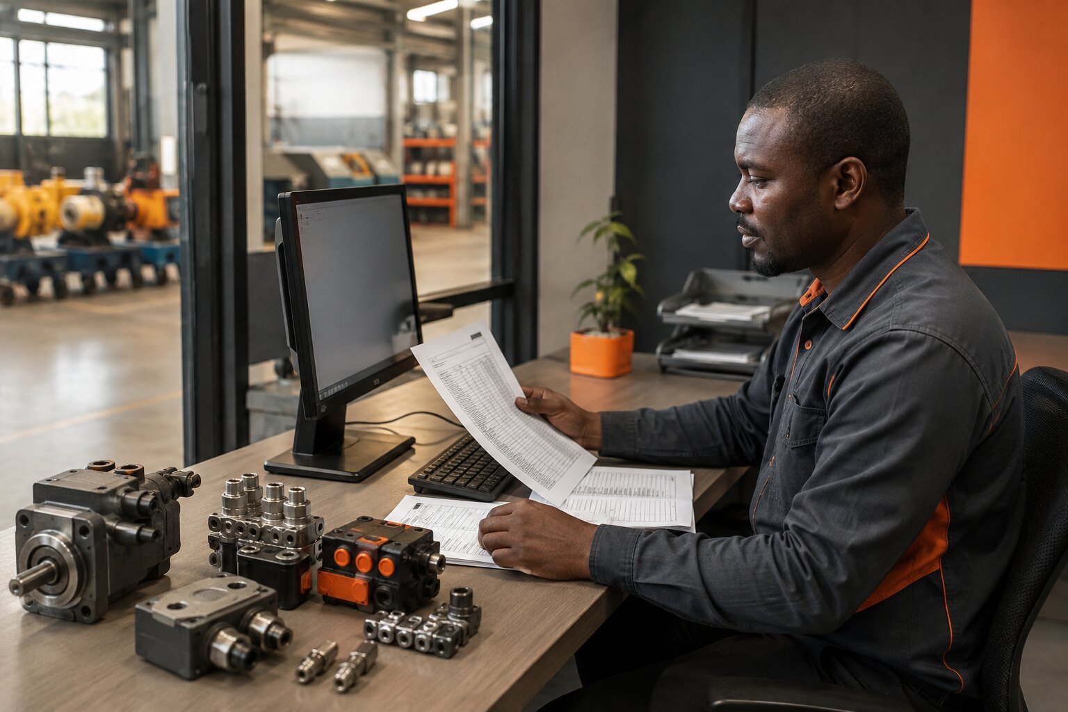 Workshop and sales coordinator processing hydraulic parts enquiries