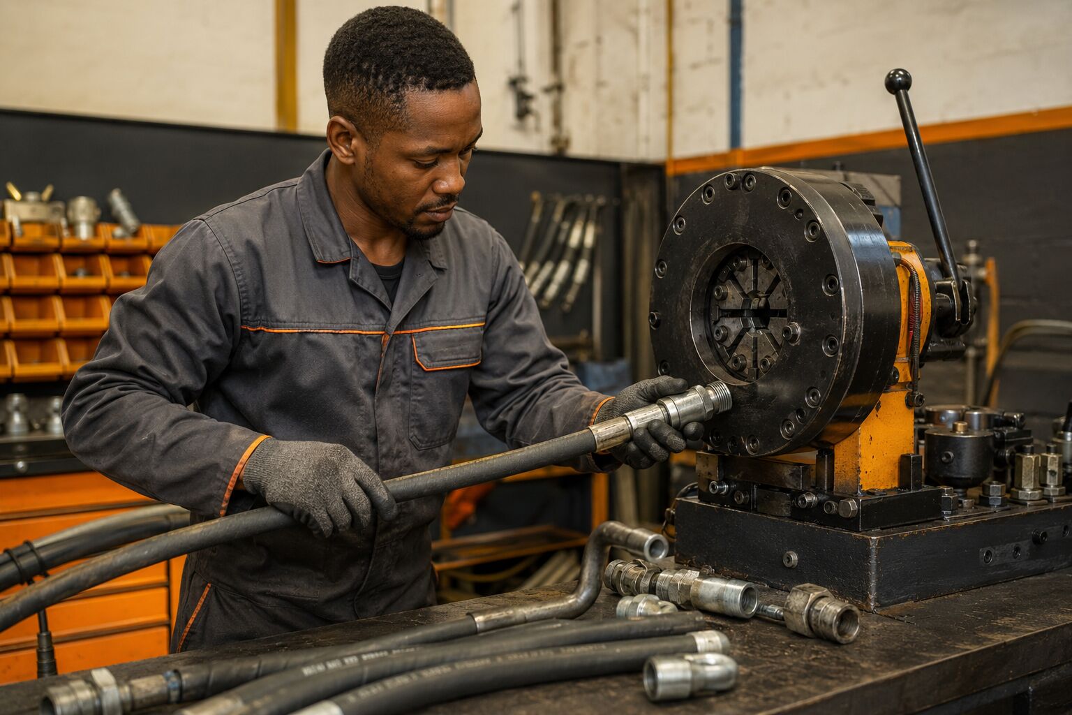 Technician fitting hydraulic pressure pipes and hoses