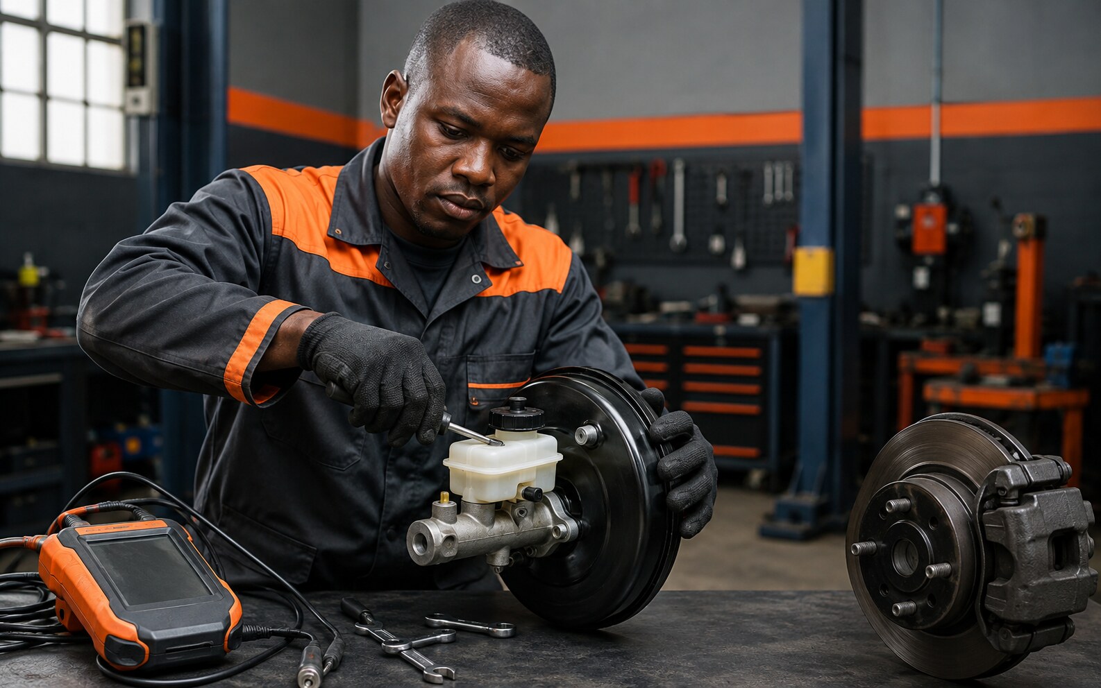 Technician servicing a vehicle brake booster and master cylinder