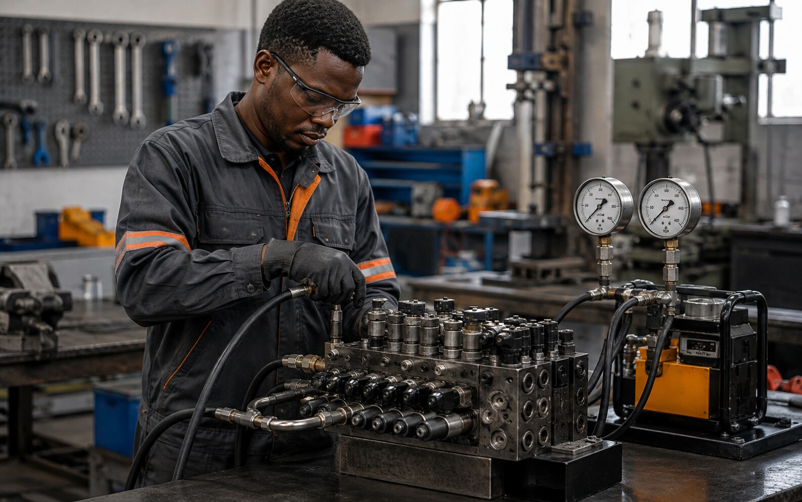 Technician pressure-testing a hydraulic control valve manifold