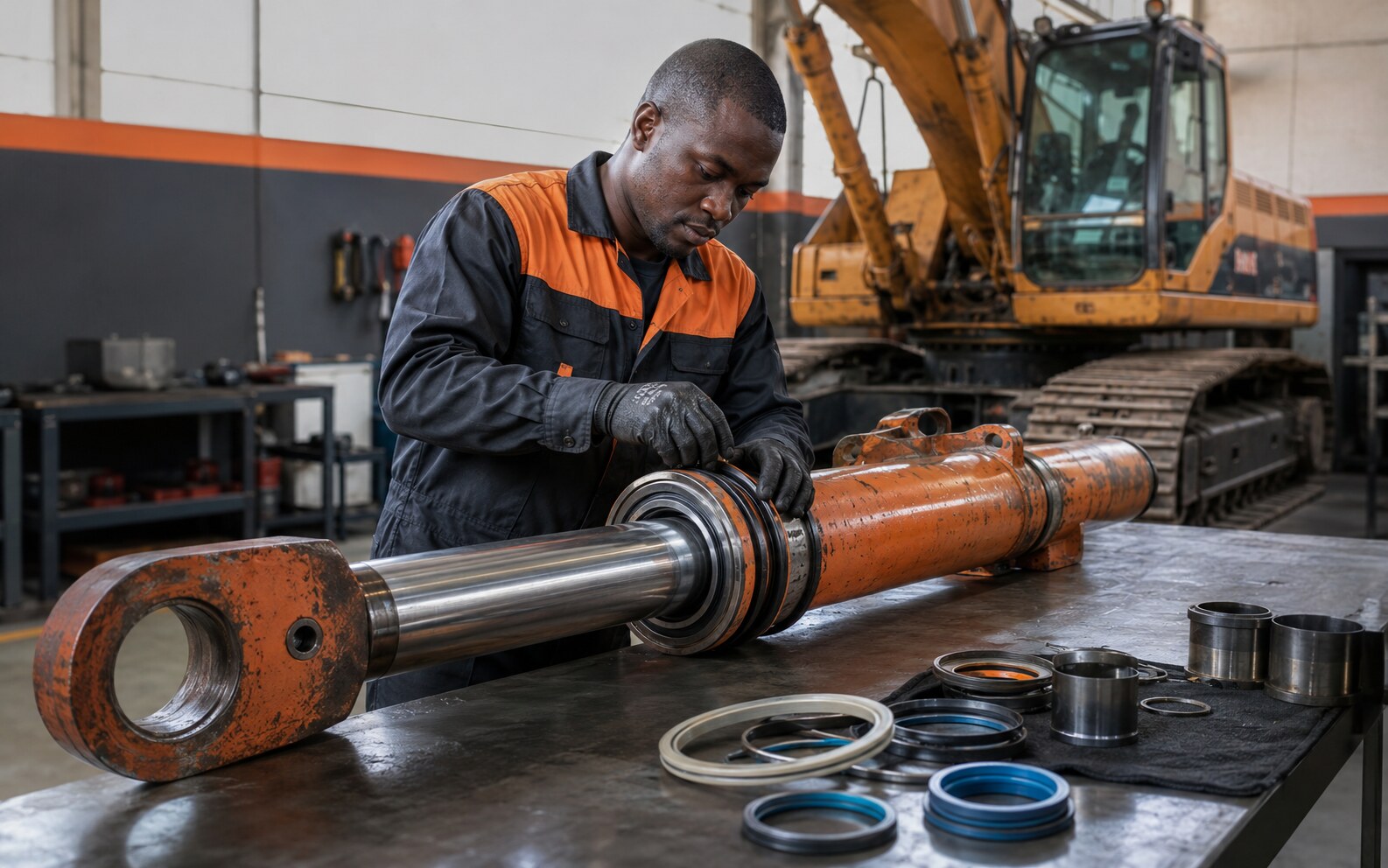 Technician rebuilding a large excavator hydraulic ram and cylinder