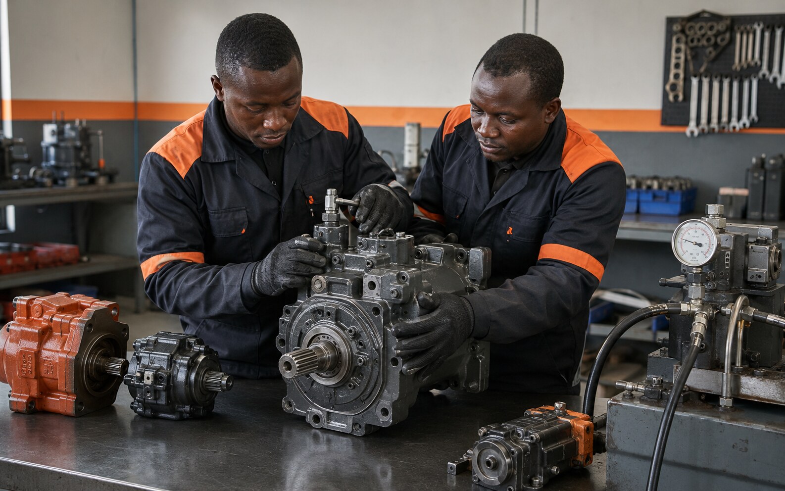 Technicians repairing and testing heavy-duty hydraulic pumps