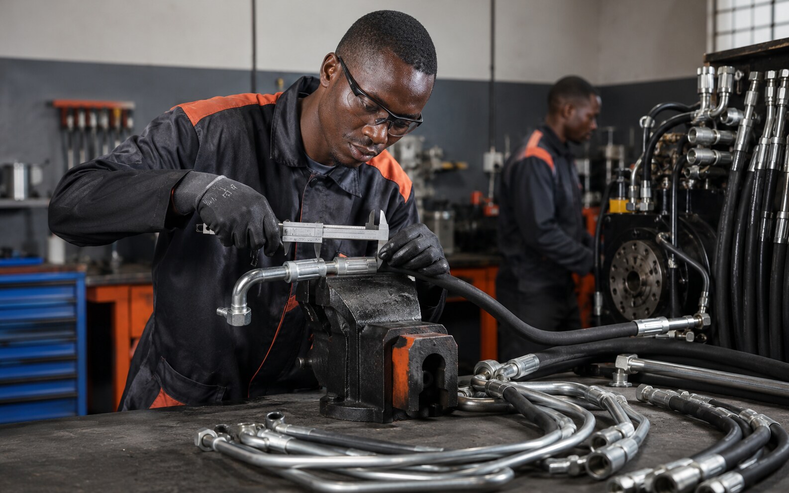 Technician measuring and fitting hydraulic pressure hoses and pipes